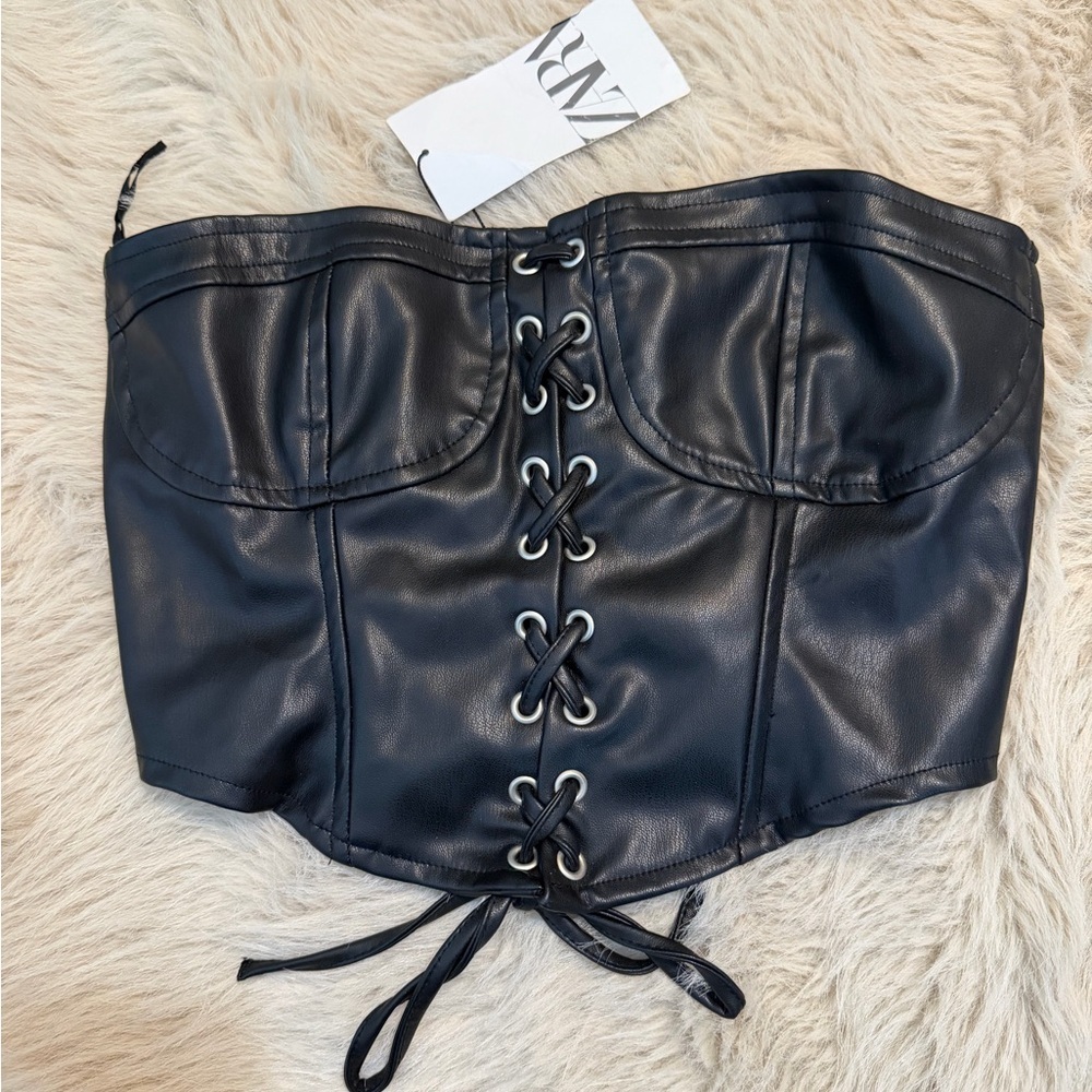 Zara Black Faux Leather Lace-Up Strapless Corset Top